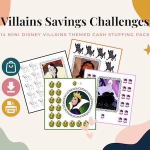 Può includere: Un set di carte sfida di risparmio stampate con i cattivi Disney tra cui Crudelia De Mon, Scar, la Regina Cattiva e Ursula. Le carte mostrano icone come cuccioli, iene, mele e conchiglie, con il testo Villains Savings Challenges.