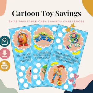 Puede incluir: Tres rastreadores de ahorro imprimibles en formato A6 con personajes de dibujos animados. Las tarjetas a cuadros azules incluyen espacios circulares para seguir los ahorros, etiquetas amarillas y el texto Cartoon Toy Savings y 6x A6 Printable Cash Savings Challenges.