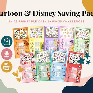 May include: A set of nine A6 printable cash savings challenge trackers featuring various cartoon and Disney character themes. Each rectangular card includes colorful character illustrations, a savings tracker grid, and text labels for tracking financial goals.