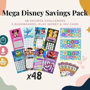 Puede incluir: Un Mega Disney Savings Pack que incluye 48 retos de ahorro, 3 paneles, dinero de juguete y una tarjeta IOU. El conjunto contiene varias tarjetas coloridas con ilustraciones de personajes, tablas de seguimiento y billetes de juguete.