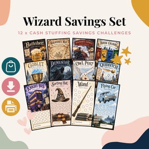May include: A Wizard Savings Set featuring 12 cash stuffing savings challenge cards. Each card displays unique illustrations including Butterbeer, Marauder's Map, Hogwarts Express, House Colours, Goblet, Dementor, Owl Post, Quidditch, Knight Bus, Sorting Hat, Wand, and Flying Car.