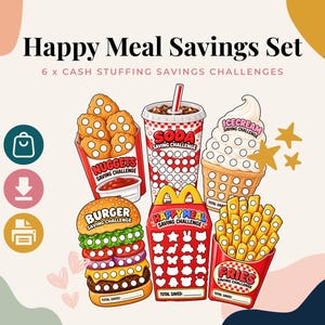 Może przedstawiać: Zestaw oszczędnościowy Happy Meal zawierający sześć wyzwań oszczędnościowych z ilustracjami nuggetsów, napoju, lodów, burgera, pudełka Happy Meal i frytek. Każdy element zawiera białe kółka do śledzenia oszczędności oraz etykiety tekstowe.