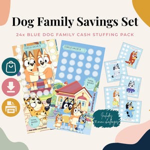 May include: A Dog Family Savings Set featuring 24 blue dog family cash stuffing pack items. The set includes rectangular trackers with cartoon dog characters, circle value fields, and total saved dollar spaces. Text includes Dog Family Savings Set.