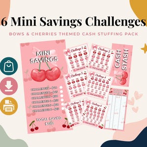 May include: A set of 6 mini savings challenges with a bows and cherries theme. The pack includes printed cards with pink backgrounds, cherry illustrations, and text labels such as Mini Savings, Cash Stash, and Savings Tracker for financial tracking.