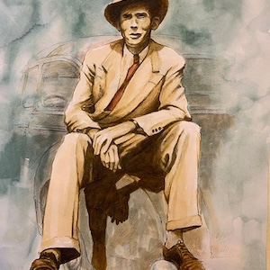 May include: Watercolor painting of a man in a tan suit and hat, seated in front of a vintage car. The man wears a red tie and brown shoes. The artwork has a vintage, nostalgic feel.