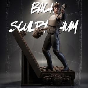 May include: A detailed action figure of a character in a dark uniform holding a blaster pistol in one hand and a helmet in the other, standing on a textured base with the Star Wars logo. The background features the white text BACH SCULPTORIUM.
