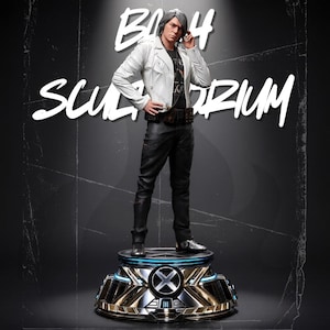 May include: A collectible figurine of a character with silver hair, wearing a white leather jacket, dark shirt, and black trousers, standing on a circular metallic base with an X-Men logo. The background features the text BASH SCULPTORIUM.