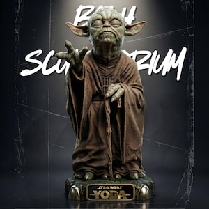 May include: A detailed green-skinned creature figurine wearing a brown robe, standing on a base with a plaque reading STAR WARS YODA. The figure has pointed ears, closed eyes, and one hand extended forward while holding a wooden staff in the other.