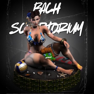 May include: A collectible figurine of a character with dark hair in buns, wearing a blue bikini with gold trim, sitting on a circular base decorated with bamboo, a volleyball, a small green creature, and seashells, with the text BACH SCRIPTORIUM.