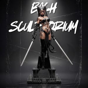 May include: A detailed figurine of a horned warrior standing on a tiered stone base, holding two long swords. The figure features black body markings, dark attire, and long hair. The text "BACH SCULPTORIUM" is displayed in white above the figure.