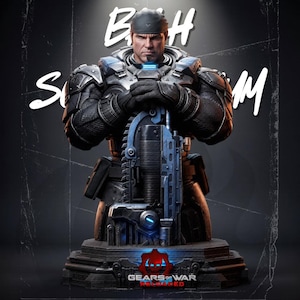 May include: A detailed bust of a soldier wearing dark, heavy armor and a skullcap, holding a large mechanical rifle with a chainsaw blade. The base features the Gears of War Reloaded logo with a red skull icon and blue glowing accents.