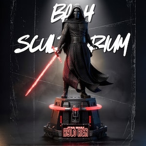 May include: A Kylo Ren figurine standing on a dark, mechanical base with red glowing accents. The character wears a black hooded robe and mask, holding a red crossguard lightsaber. The base features a Star Wars Kylo Ren plaque and the text BASH SCULPTARIUM.