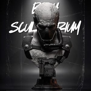 May include: A grey, textured bust of a bald figure wearing a black mask with a breathing tube and a harness. The figure has a scarred, weathered appearance. The text "Bust SCULPTORIUM" is displayed in white, stylized lettering behind the figure.
