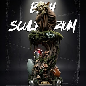 May include: A detailed sculpture of Yoda holding a wooden staff, perched atop a mossy tree stump base with mushrooms and a small R2-D2 droid. The base features a plaque reading STAR WARS YODA. The background displays the text B4 SCULPTURIZIUM.