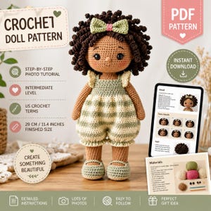 Virkad dockmönster PDF | Amigurumi Flicka, 29 cm, Avtagbar Dräkt (Direkt Nedladdning)