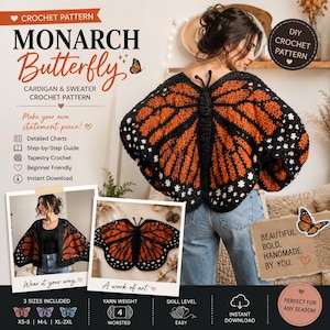 Monarch Butterfly Crochet Cardigan Pattern, Tapestry Sweater DIY (PDF Download)