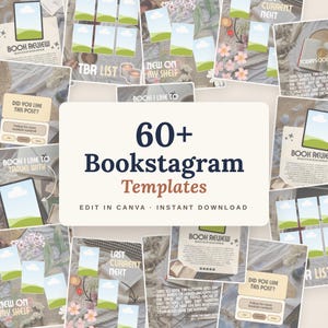 Può includere: Una raccolta di oltre 60 modelli Bookstagram con vari layout per recensioni di libri, liste di lettura e contenuti letterari. I design includono segnaposto per immagini, caselle di testo per titoli e nomi di autori ed elementi modificabili.
