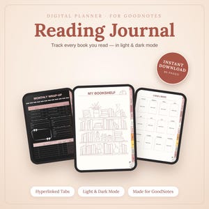 Könnte beinhalten: Ein digitales Lesetagebuch für GoodNotes mit drei Seitenansichten: eine monatliche Zusammenfassung im Dunkelmodus, eine Bücherregal-Illustration im Hellmodus und ein Buch-pro-Monat-Tracker. Der Text lautet Reading Journal, Instant Download 85 Pages.