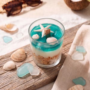 May include: A clear glass candle featuring three distinct layers: a base of small tan shells, a middle layer of opaque white wax, and a top layer of translucent teal blue wax. A wooden wick sits in the center, topped with a white starfish and two small shells.
