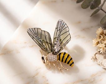 Bee Brooch Pin, Rhinestone Bumble Bee Brooch, Gold Tone Insect Lapel Pin, Transparent Wing Jewelry, Nature Gift For Her, Scarf Pin