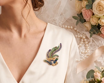 Phoenix Brooch Pin, Colorful Rhinestone Bird Brooch, Gold Tone Enamel Lapel Pin, Bridal Dress Accessory, Wedding Gift For Her
