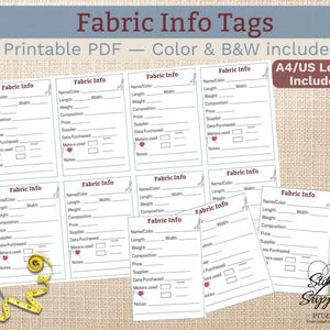 May include: A printable PDF sheet of Fabric Info tags featuring fields for name, colour, length, width, weight, composition, price, supplier, date purchased, and metres used. The design includes a small heart icon and scissors graphic.