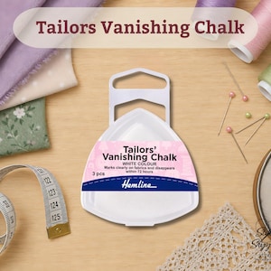 May include: A white triangular plastic container of Tailors' Vanishing Chalk with a label reading Tailors' Vanishing Chalk, White Colour, 3 pcs, and Hemline. The product is surrounded by sewing supplies including fabric, thread spools, pins, and a measuring tape.