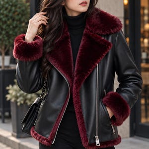 Women's Black Leather Biker Jacket with Burgundy Faux Fur Collar, Fur Trimmed Motorcycle Jacket, Winter Moto Coat