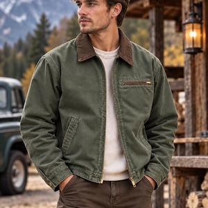 Könnte beinhalten: Eine olivgrüne Arbeitsjacke aus Canvas mit einem kontrastierenden braunen Cordkragen, einem durchgehenden Frontreißverschluss, einer Reißverschlusstasche auf der Brust und zwei Eingrifftaschen. Die Jacke wird über einem weißen Strickpullover getragen.