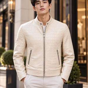 Men’s Ivory Snake Embossed Leather Cafe Racer Jacket, Python Texture Moto Coat, Luxury Zip Outerwear, Premium Gift for Him