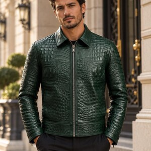 Men’s Green Snake Embossed Leather Jacket, Python Texture Luxury Moto Coat, Cropped Statement Streetwear, Gift for Him