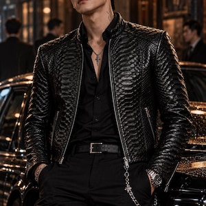 Men’s Black Embossed Leather Jacket, Python Pattern Cowhide Biker Coat, Handmade Motorcycle Racer Jacket, Custom Made Gift for Him