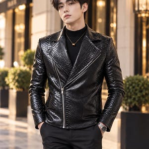 Men’s Black Snake Embossed Leather Jacket, Python Texture Moto Coat, Luxury Biker Streetwear, Statement Gift for Him