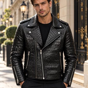 Men’s Black Snake Embossed Leather Biker Jacket, Python Texture Moto Coat, Luxury Motorcycle Streetwear, Statement Gift for Him