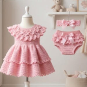 May include: A light pink crochet dress with a ruffled collar and a two-tiered skirt, accompanied by matching crochet bloomers featuring a satin bow and a coordinating headband with a matching satin bow, all displayed on a white mannequin.