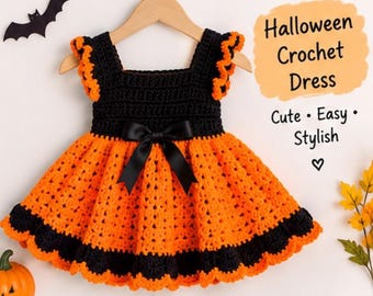 May include: A black and orange crochet dress with ruffled sleeves, a black satin bow at the waist, and a black scalloped hem. The text on the image reads: Halloween Crochet Dress, Cute • Easy • Stylish. A black bat silhouette is visible.