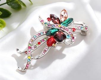 Multicolor Crystal Floral Brooch Silver Tone Rhinestone Flower Pin