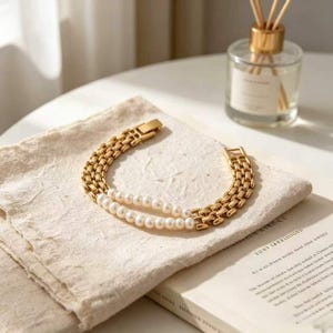 Pulsera de cadena de perlas de doble capa, pulsera apilable de dos tonos