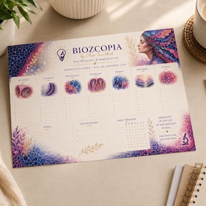 Könnte beinhalten: Ein rechteckiger Wochenplaner mit dem Titel Biozcopia, einem Mikroskop-Symbol, einer Profilillustration einer Person und farbenfrohen mikroskopischen Mustern für jeden Wochentag. Er enthält Bereiche für Notizen, Prioritäten und einen Gewohnheitstracker.