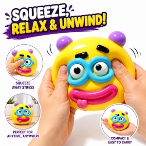 Può includere: Un giocattolo antistress giallo, rotondo e comprimibile con orecchie viola, occhiali blu, sopracciglia nere e una bocca rosa con la lingua di fuori. Il testo SQUEEZE, RELAX & UNWIND! è in alto, con testo aggiuntivo in riquadri circolari.