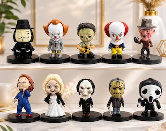 Set van 10 horrorfiguren om te verzamelen: Jason Voorhees, Freddy Krueger, Pennywise, Chucky-pop, Ghostface en Saw-pop van PVC.