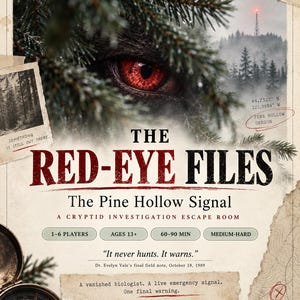 Puede incluir: The Red-Eye Files: The Pine Hollow Signal es un juego de escape sobre investigación de críptidos para 1-6 jugadores, mayores de 13 años. La portada muestra un ojo rojo tras agujas de pino, una brújula y el texto, It never hunts. It warns.
