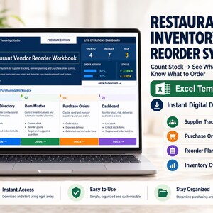 Könnte beinhalten: Ein Laptop-Bildschirm zeigt eine Excel-Vorlage für ein Restaurant-Bestellsystem. Die Benutzeroberfläche enthält Bereiche für Lieferantenverzeichnisse, Artikelstammdaten, Bestellungen und ein Dashboard mit verschiedenen Statusanzeigen.