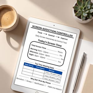 May include: A digital tablet displaying a Screen Addiction Controller daily wellness planner. The interface includes sections for tracking screen time, identifying time-wasting apps, and noting reasons for phone usage like boredom or stress.