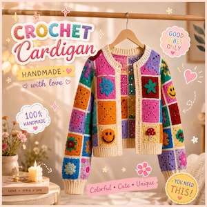 Colorful Granny Square Crochet Cardigan Pattern | Boho Patchwork Sweater Tutorial (PDF Download)
