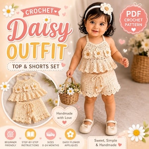 May include: A crochet daisy outfit pattern featuring a top and shorts set. The design includes a cream-colored halter top with three daisy appliques and matching shorts with a drawstring. The text reads Crochet Daisy Outfit Top & Shorts Set.