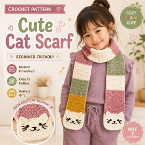 May include: A crochet pattern for a cat scarf featuring text that reads Cute Cat Scarf, Beginner Friendly, Instant Download, Easy to Follow, and Perfect Gift. The scarf is color-blocked in pink, cream, and green with cream cat face ends.
