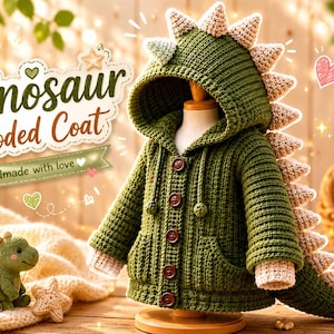 May include: A dark green crocheted hooded coat featuring a row of light-coloured spikes along the back and hood, brown buttons down the front, and two pockets. The text "Dinosaur Hooded Coat" and "Handmade with love" is visible in the image.