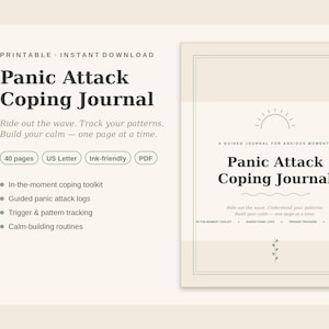 Diario para afrontar ataques de pánico, alivio de la ansiedad, técnicas de conexión con el presente, seguimiento de desencadenantes (descarga digital)