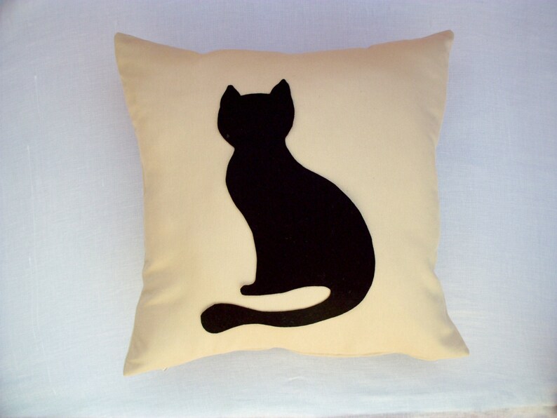Cat Pillow Cover Cream Linen Pillow With Felt Black Cat Etsy